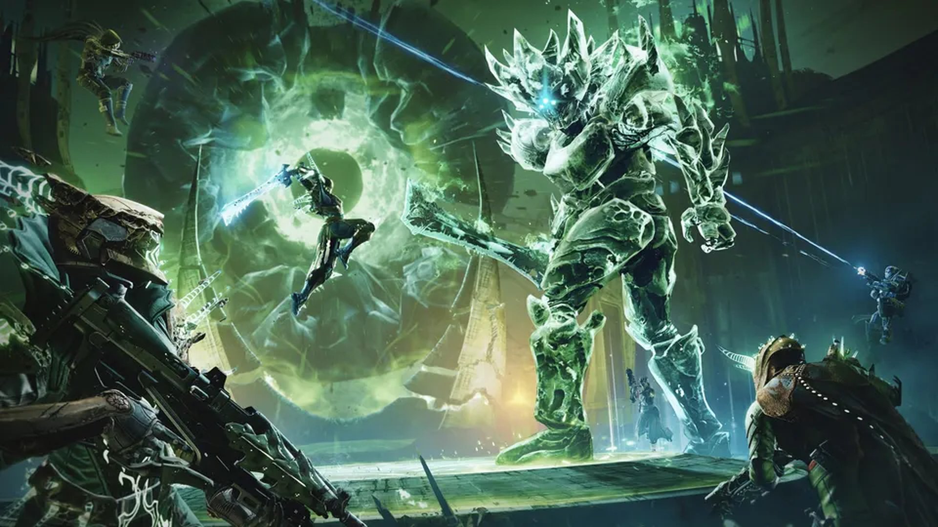 Guardians battling Crota in the final showdown of Destiny 2's Crota's End raid, showcasing teamwork and strategy amidst the dark, Hive-infested chambers.